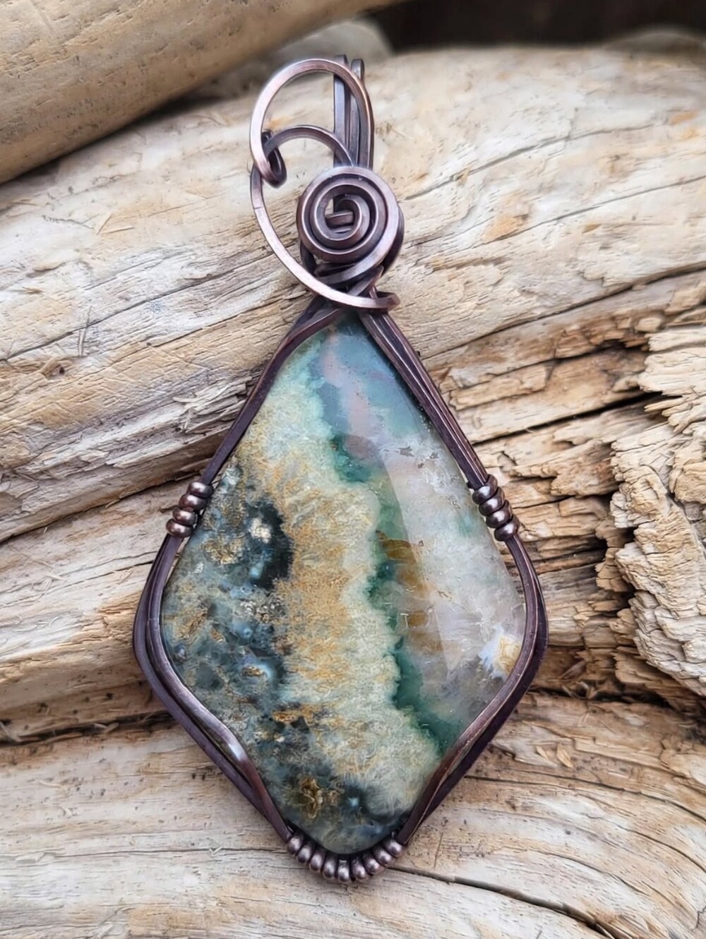 Handmade Ocean Jasper Copper Wire Wrapped Pendant